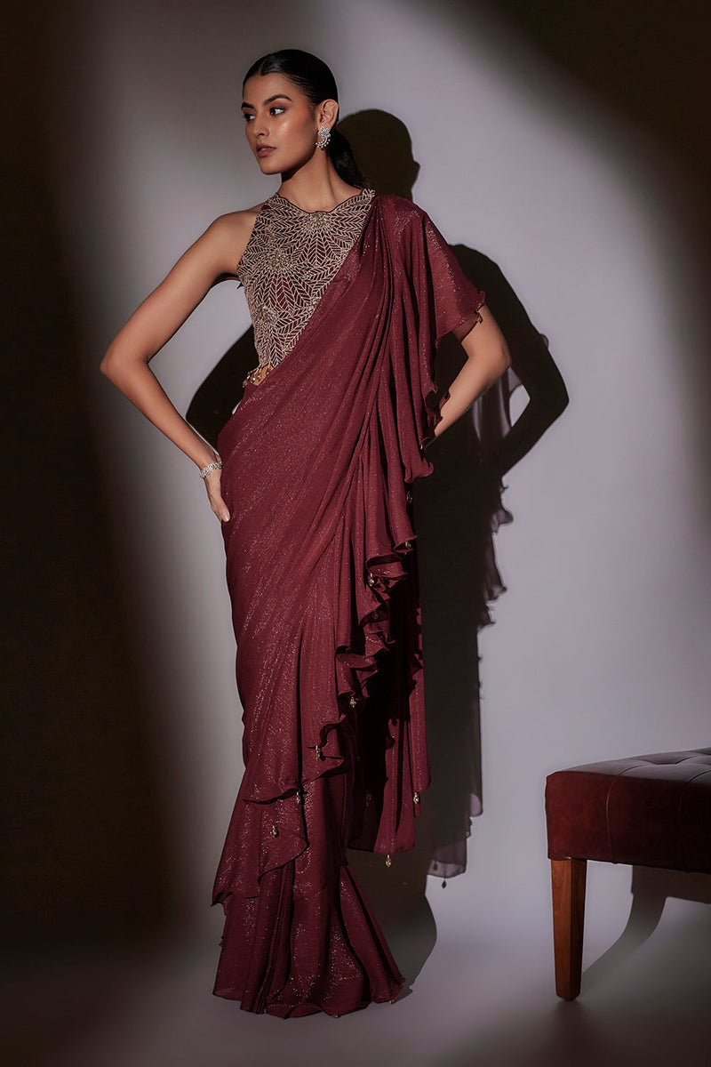 Leaf Embroidery Haultr Neck Blouse Paired With Frill Pre Draped Saree With Crystal Hangings