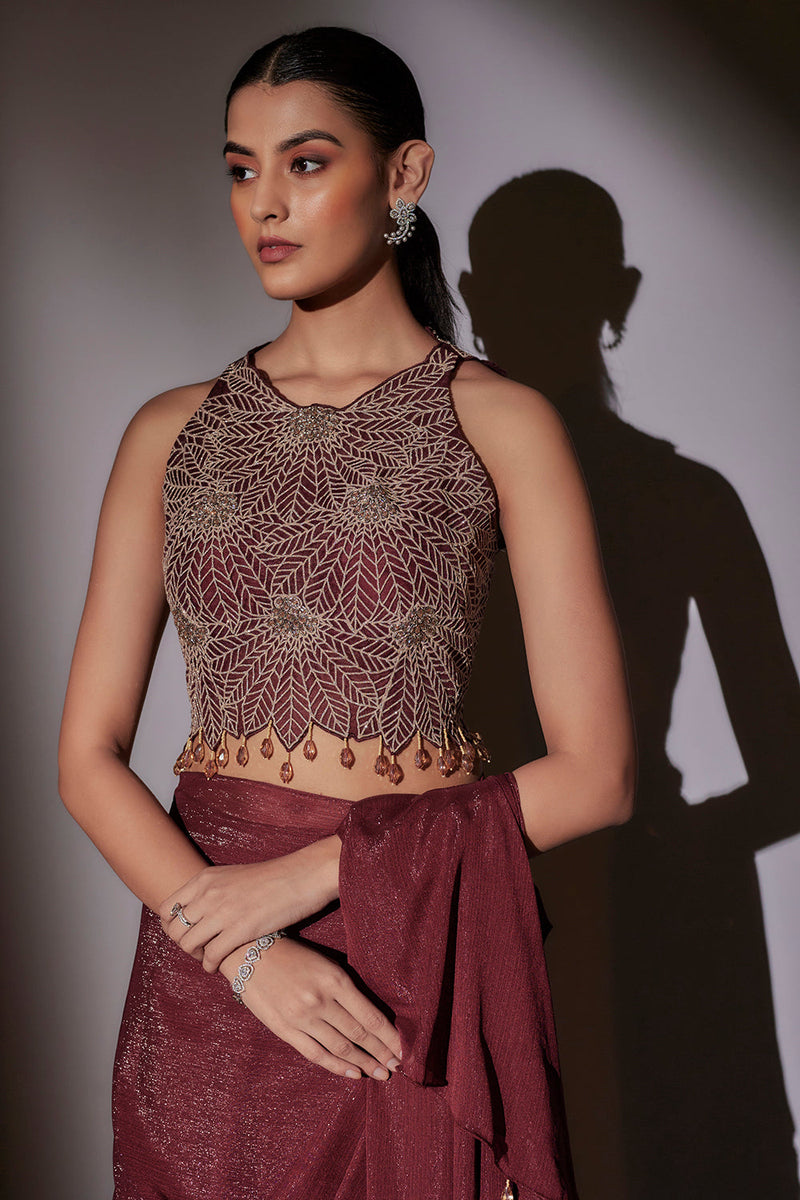 Leaf Embroidery Haultr Neck Blouse Paired With Frill Pre Draped Saree With Crystal Hangings