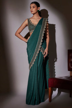 Heavy Hand Embroidered Blouse Paired With Detailed Border Pre Draped Saree