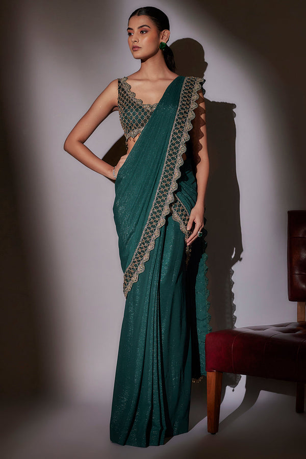 Heavy Hand Embroidered Blouse Paired With Detailed Border Pre Draped Saree