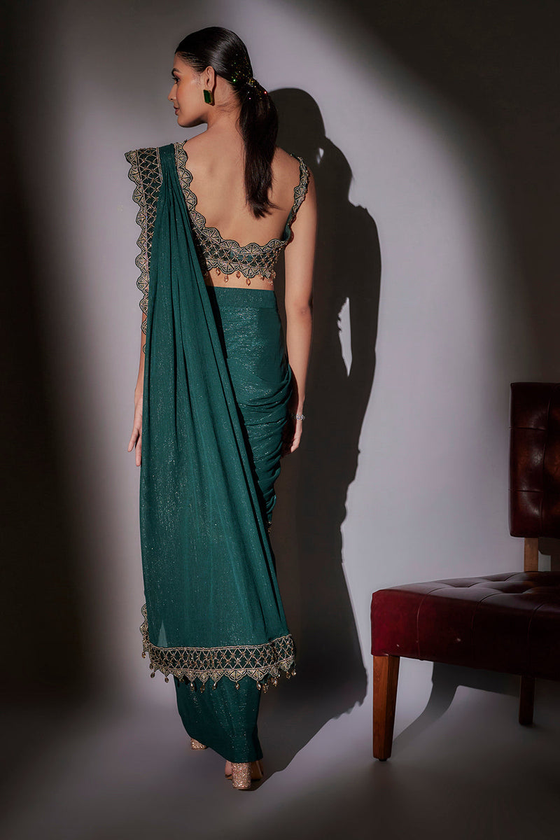 Heavy Hand Embroidered Blouse Paired With Detailed Border Pre Draped Saree
