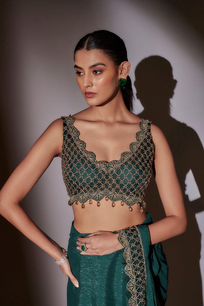 Heavy Hand Embroidered Blouse Paired With Detailed Border Pre Draped Saree
