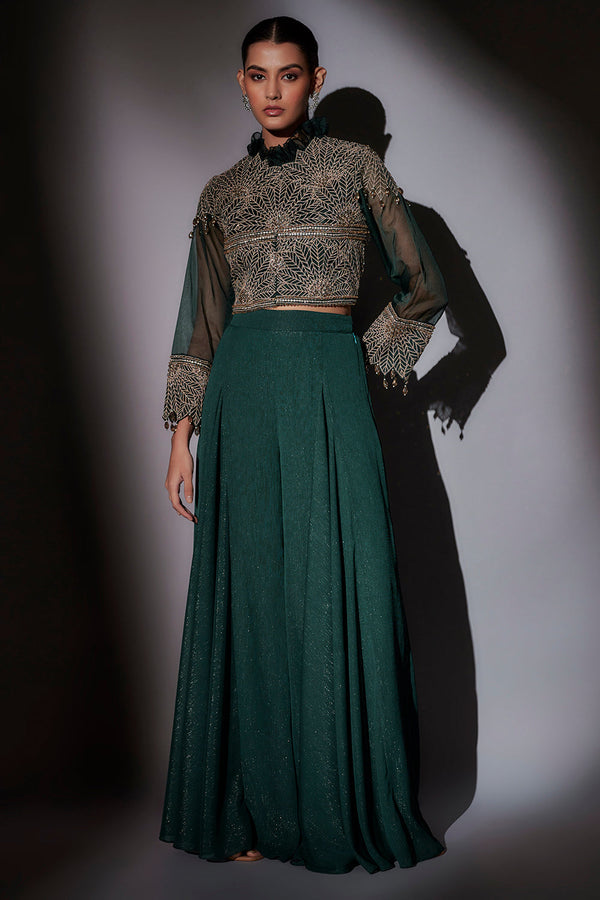 Full Embroidered Crop Jacket With Frill Collar Paired With Flared Sharara
