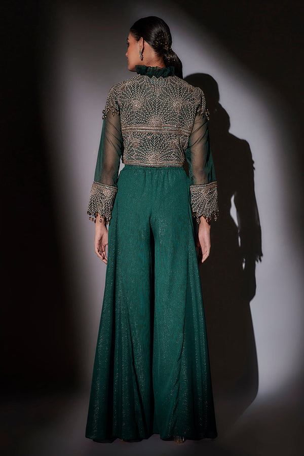 Full Embroidered Crop Jacket With Frill Collar Paired With Flared Sharara