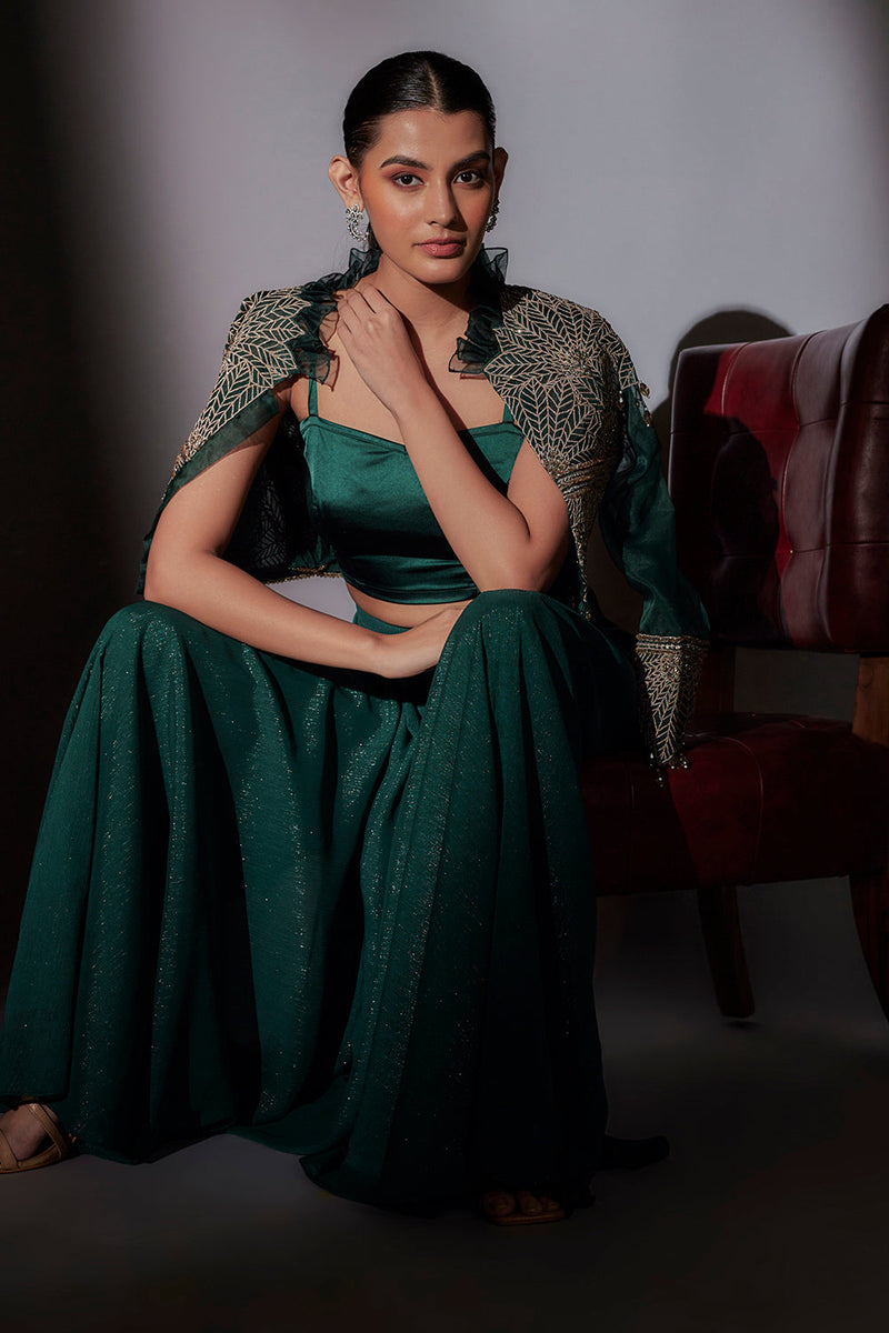 Full Embroidered Crop Jacket With Frill Collar Paired With Flared Sharara