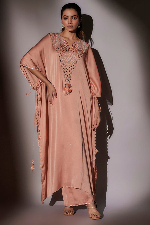 String Kaftan With Heay Neck Embroidery Paired With Pants