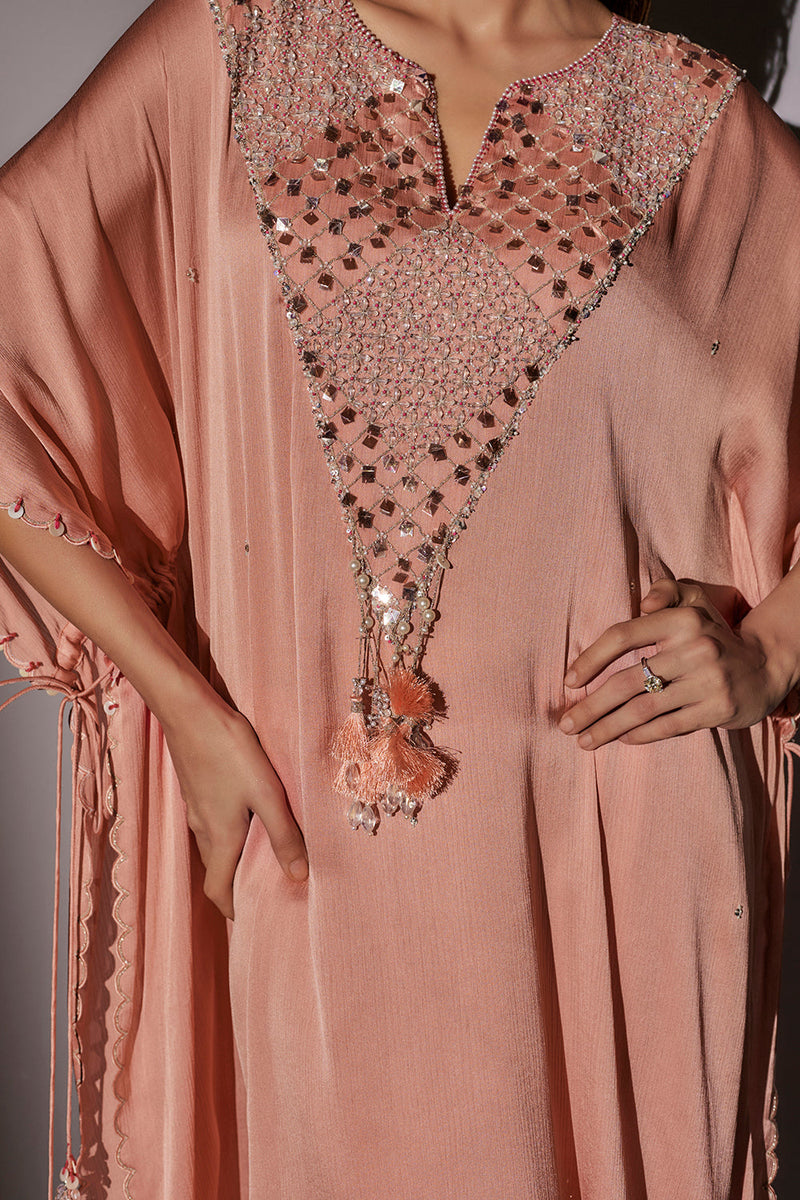 String Kaftan With Heay Neck Embroidery Paired With Pants