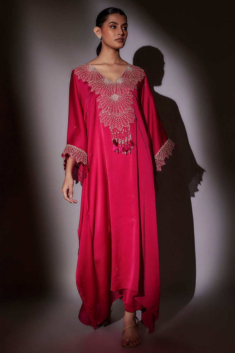 Long Kaftan With Leaf Scalp Embroidery And Hangings Paired With Pants