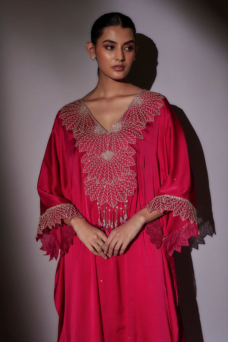 Long Kaftan With Leaf Scalp Embroidery And Hangings Paired With Pants