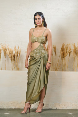 Sage Green Drape Saree With Attached Blouse