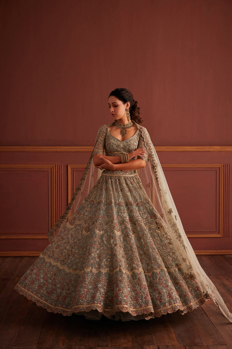 Sage Green Resham Embellished Lehenga
