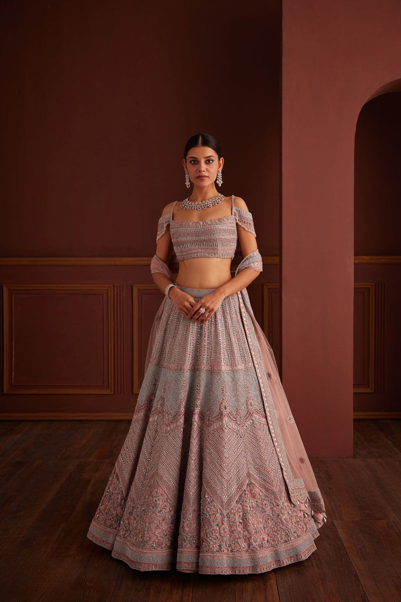Grey And Pink Embellished Lehenga