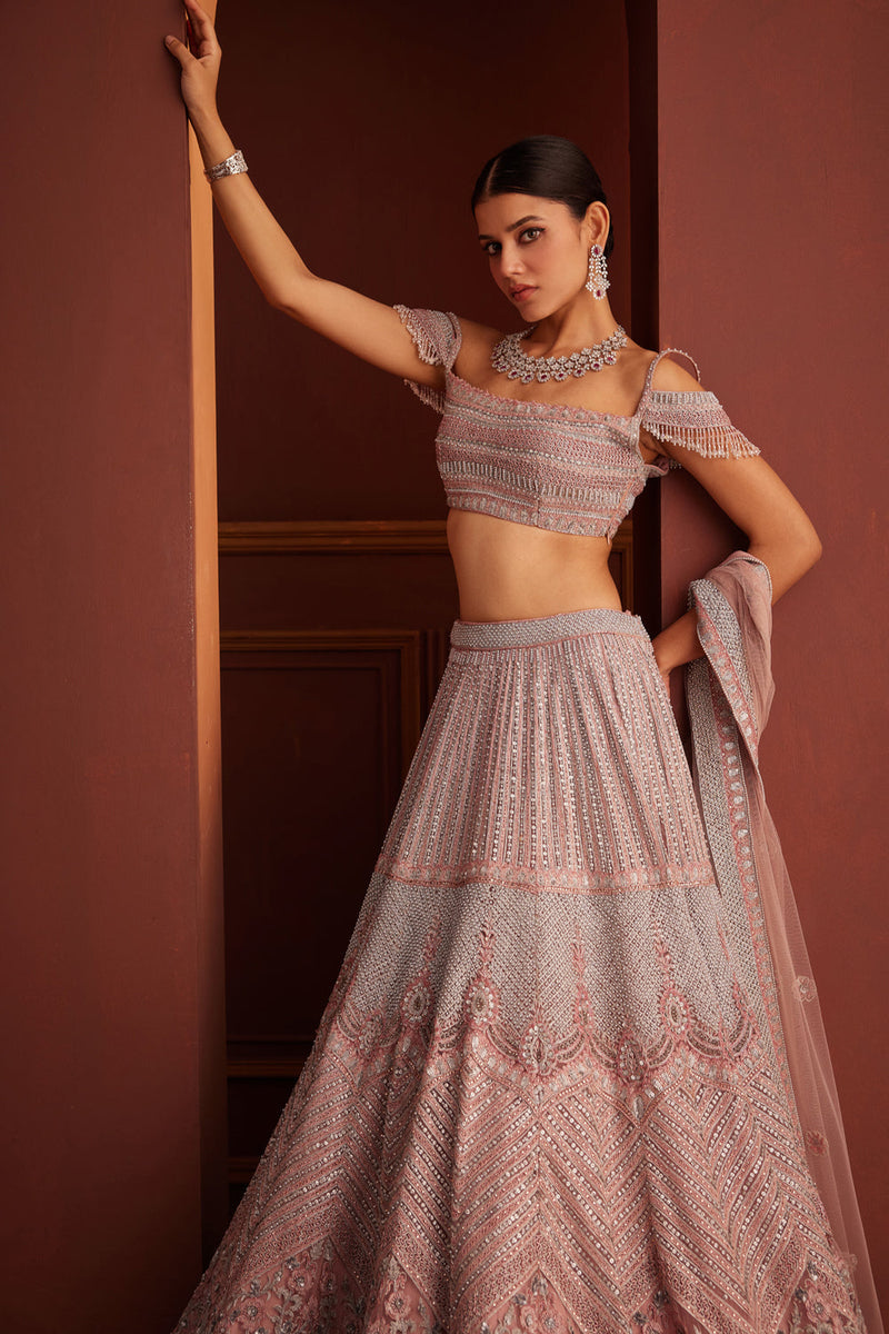 Grey And Pink Embellished Lehenga