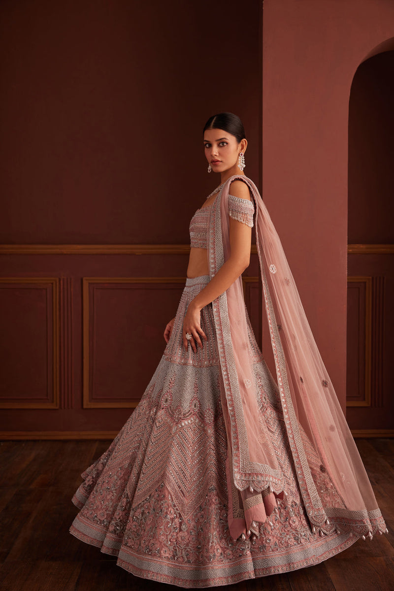 Grey And Pink Embellished Lehenga