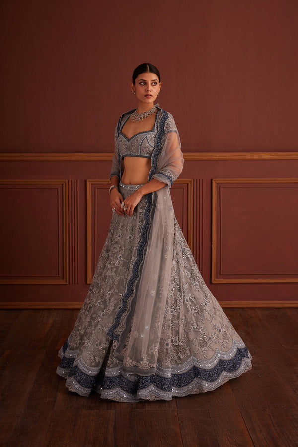 Grey Bead Embellished Scalloped Lehenga