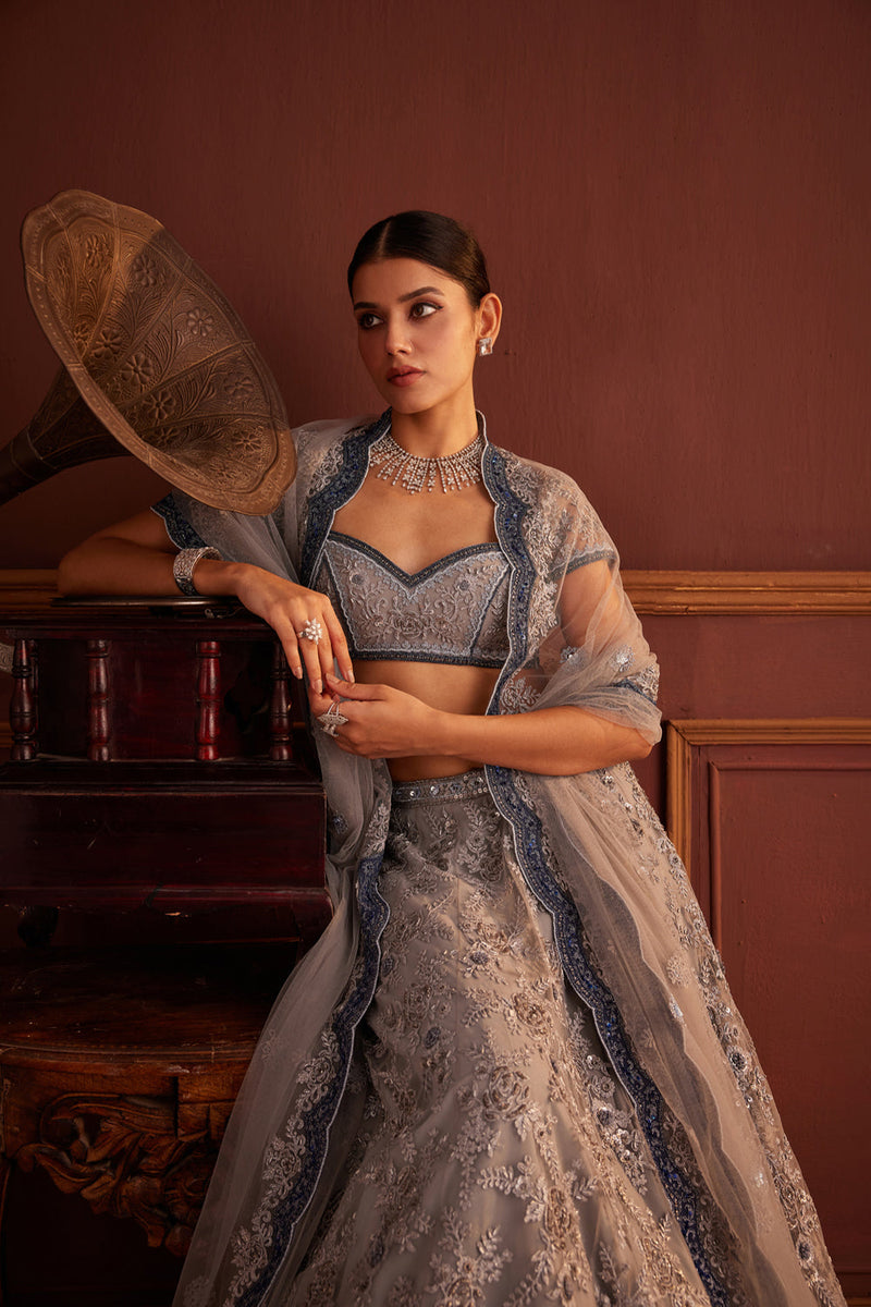 Grey Bead Embellished Scalloped Lehenga