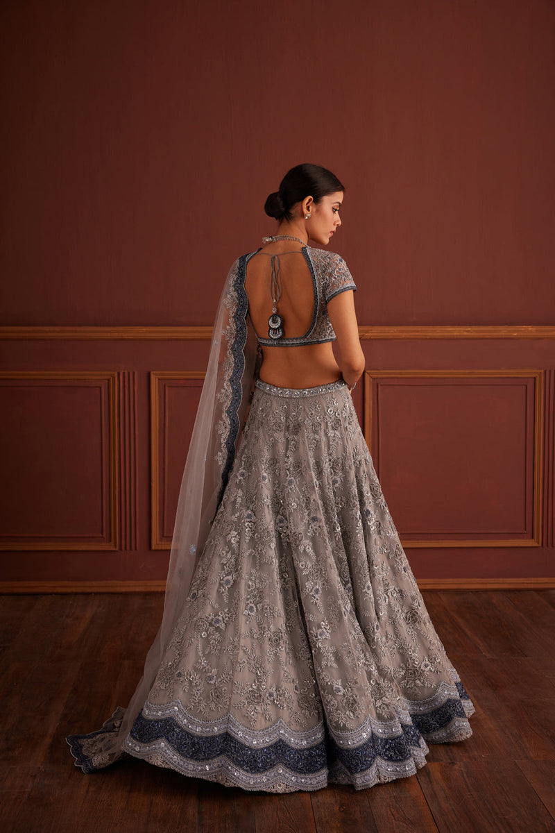 Grey Bead Embellished Scalloped Lehenga