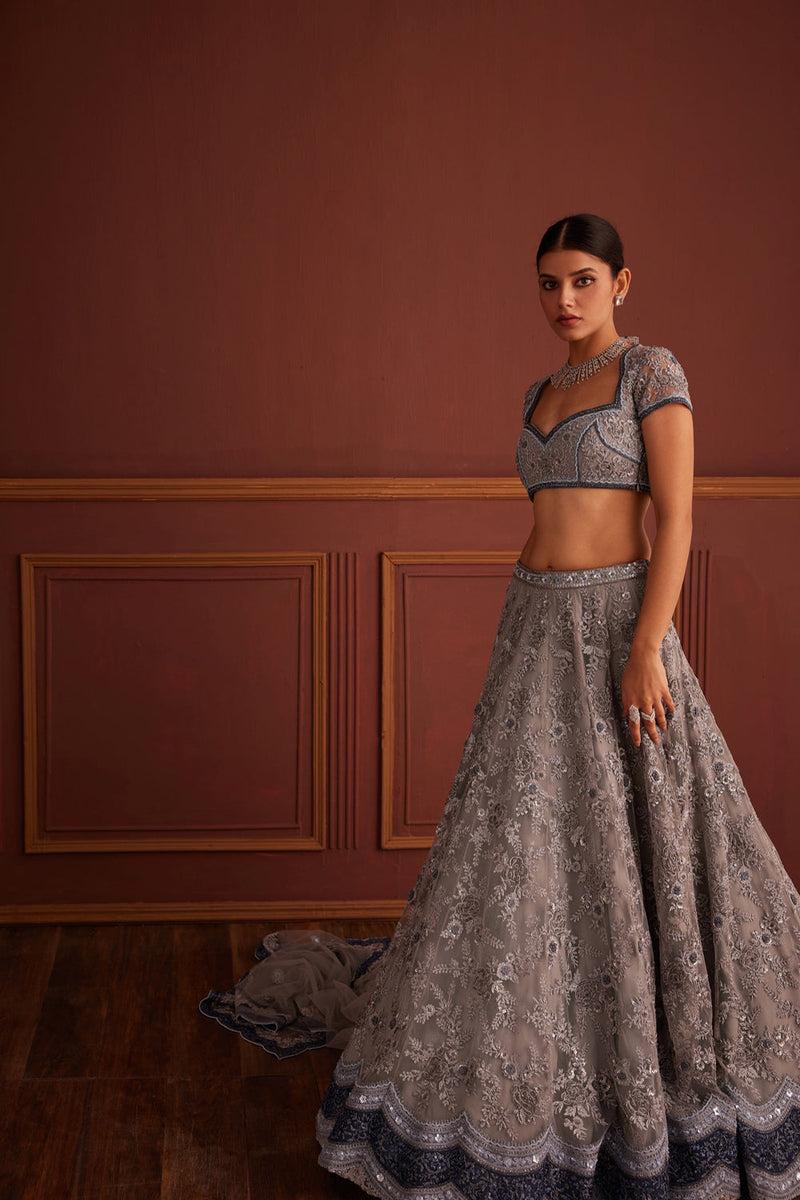 Grey Bead Embellished Scalloped Lehenga
