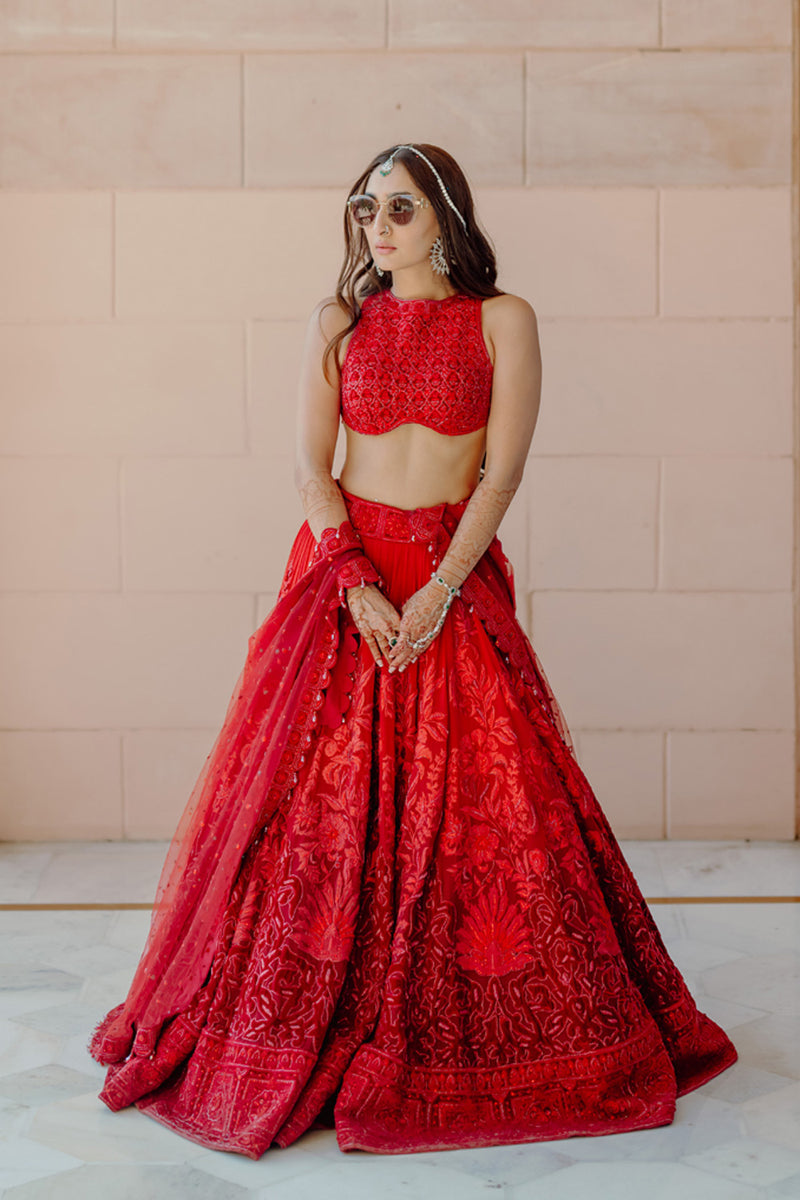 Ombre Red Pure Georgette Lehenga