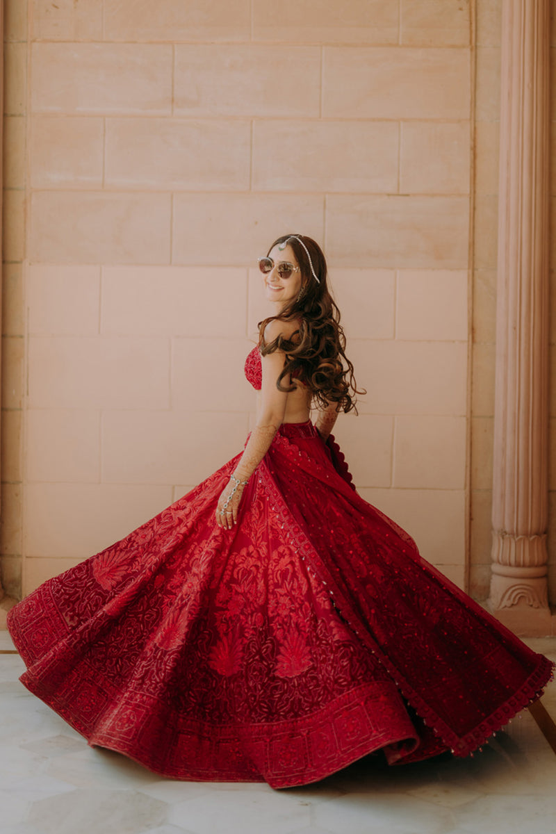 Ombre Red Pure Georgette Lehenga