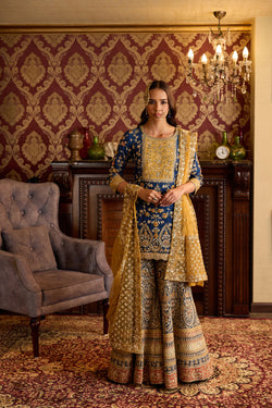 Blue And Ochre Sharara Set