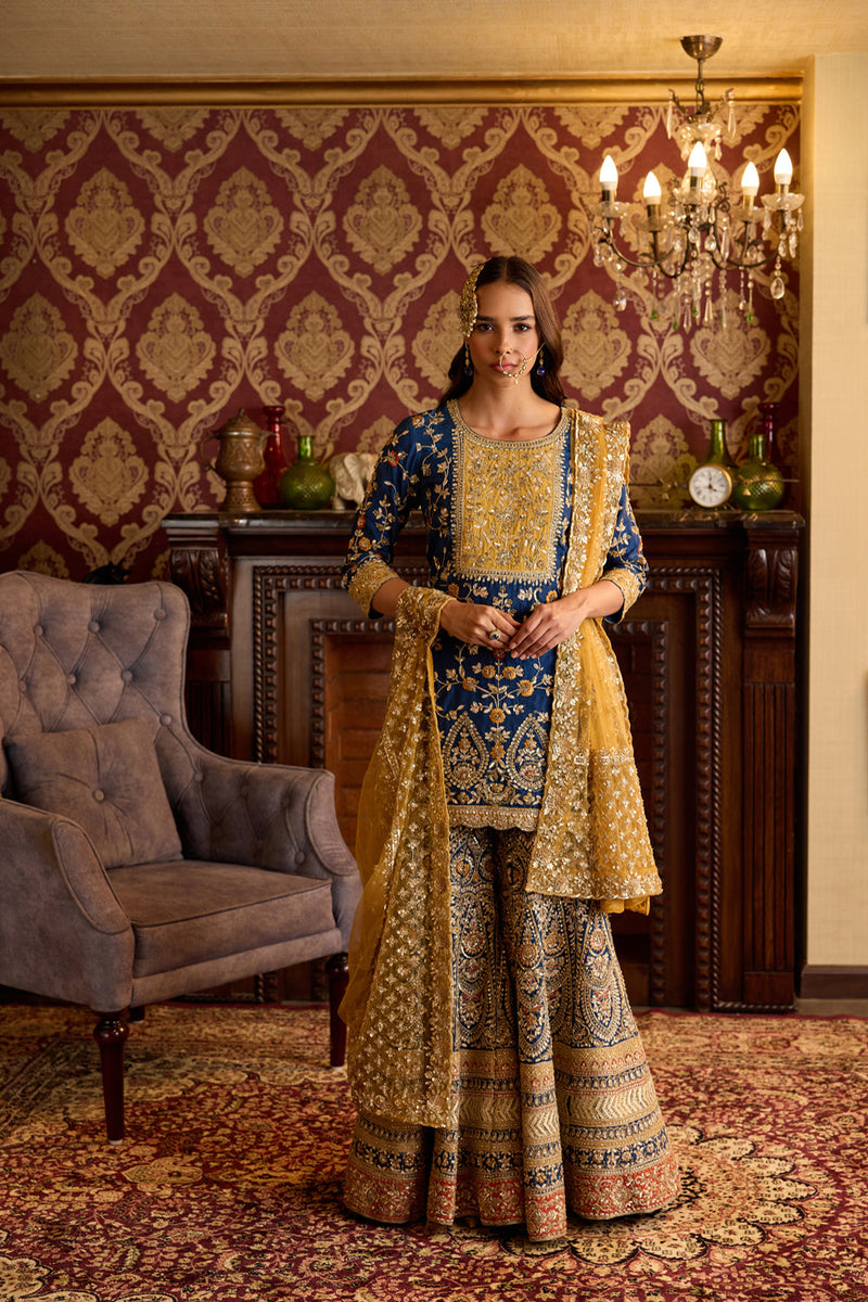 Blue And Ochre Sharara Set