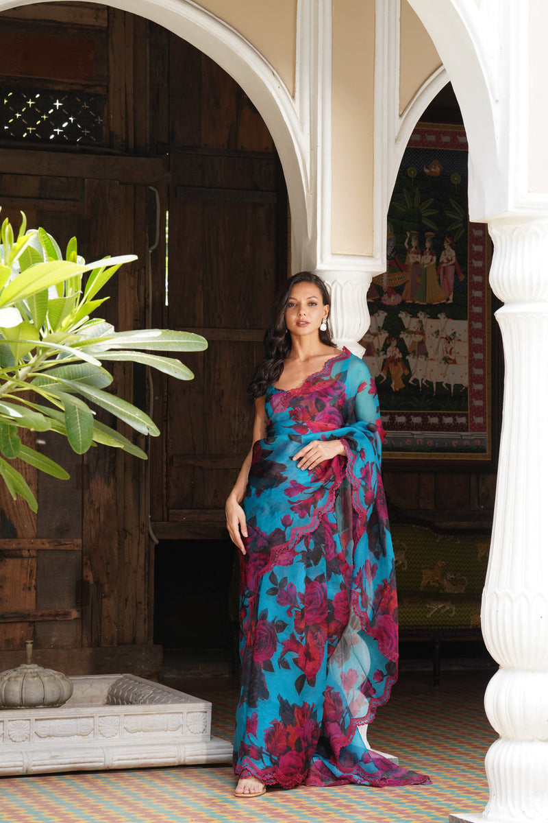 Turquise Floral Saree Set