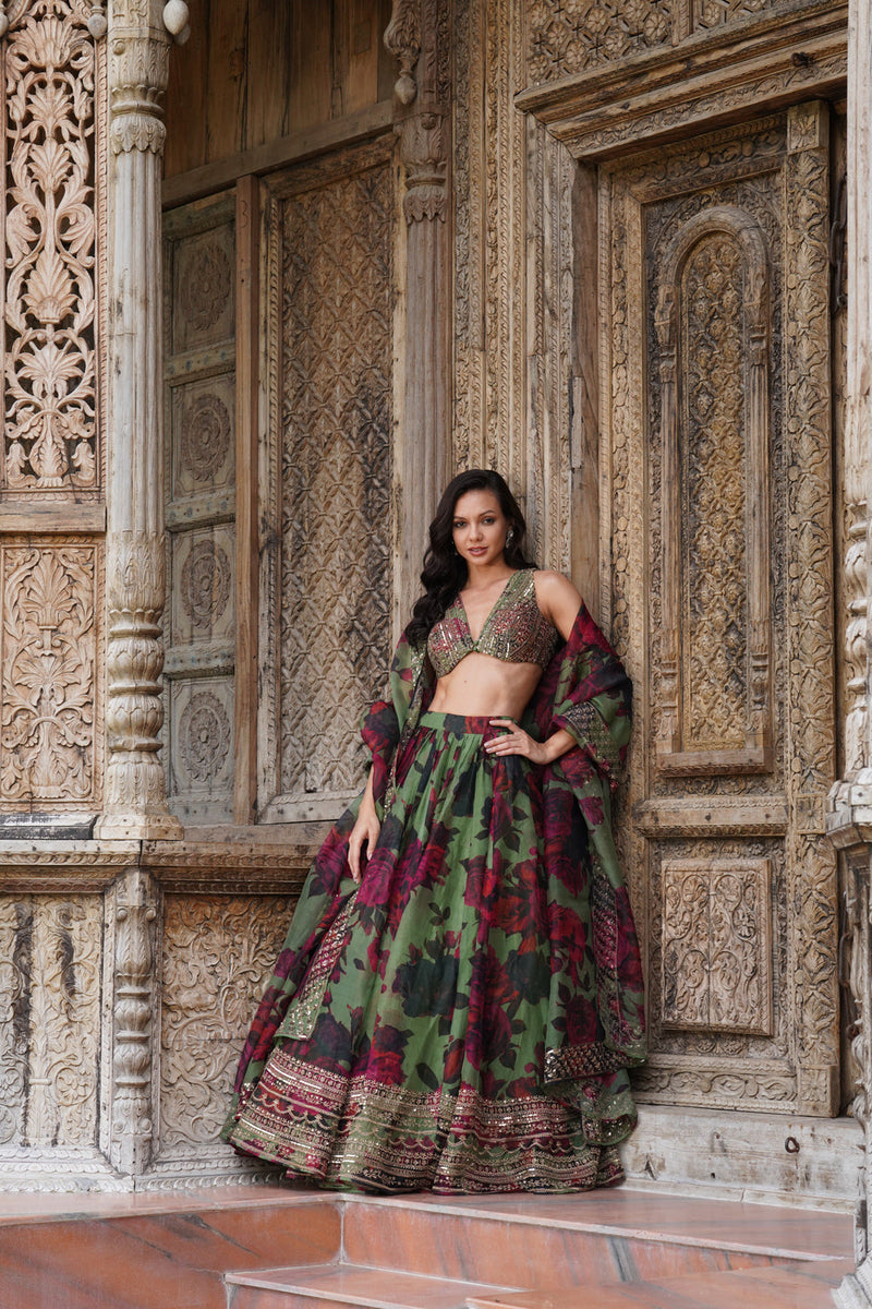 Mehendi Green Floral Lehenga Set