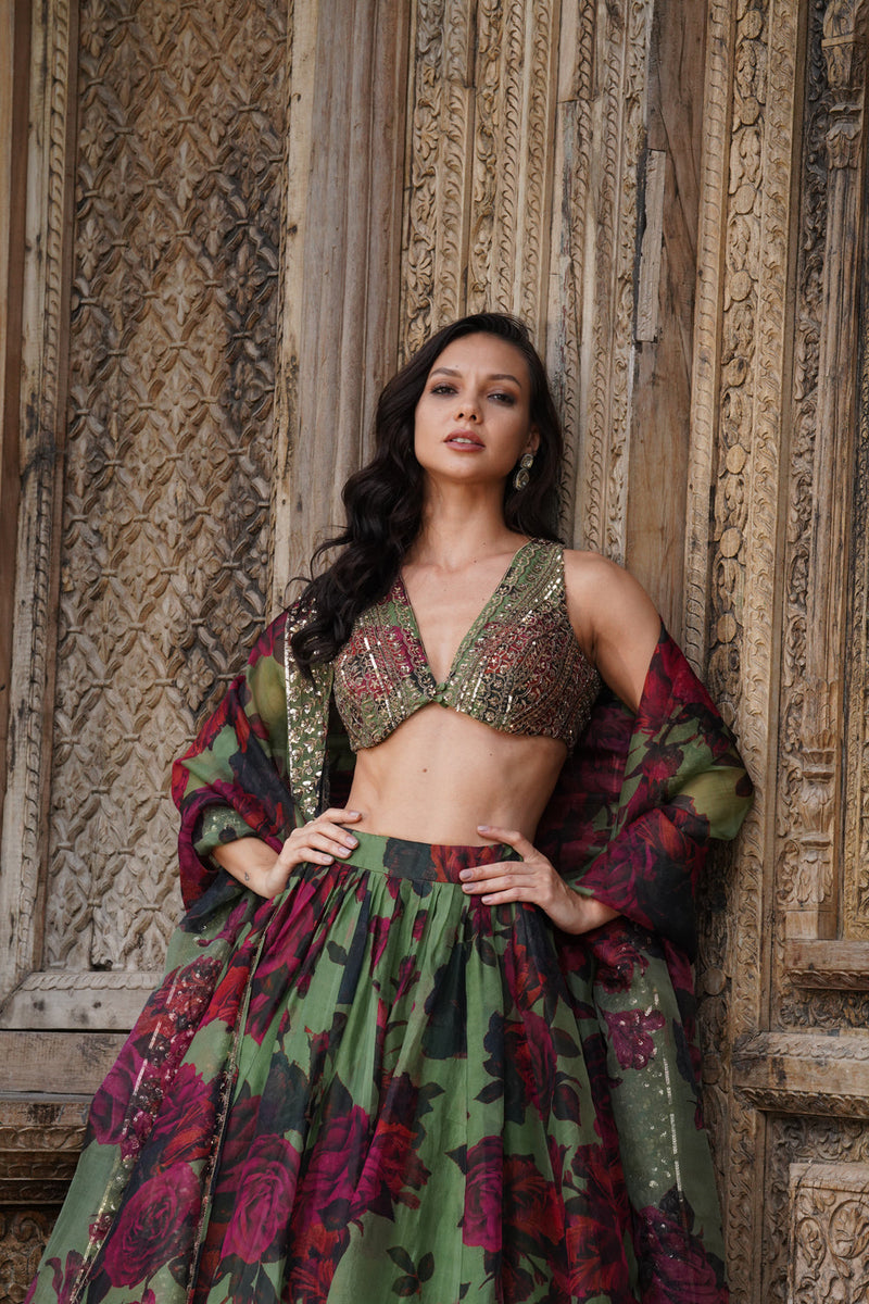 Mehendi Green Floral Lehenga Set