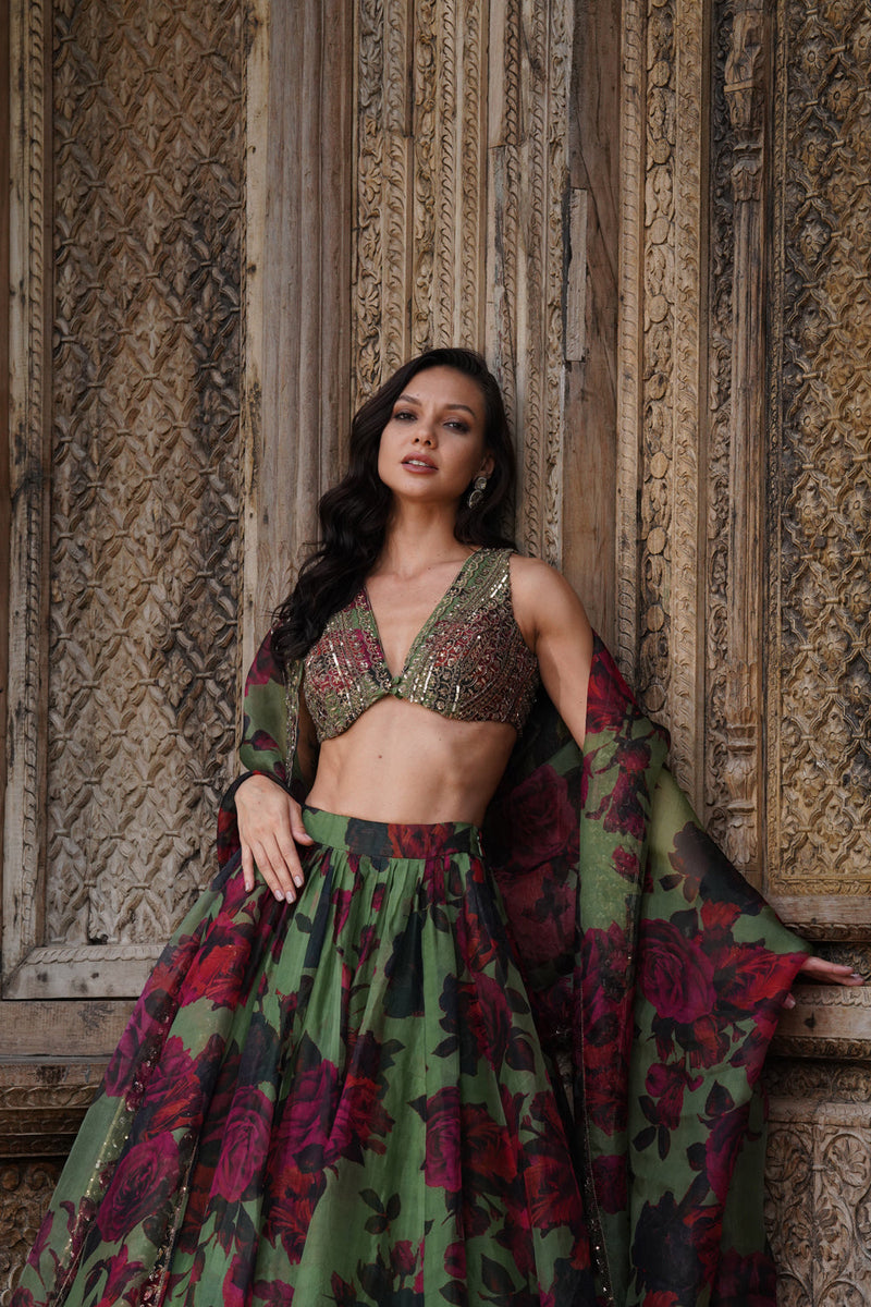 Mehendi Green Floral Lehenga Set