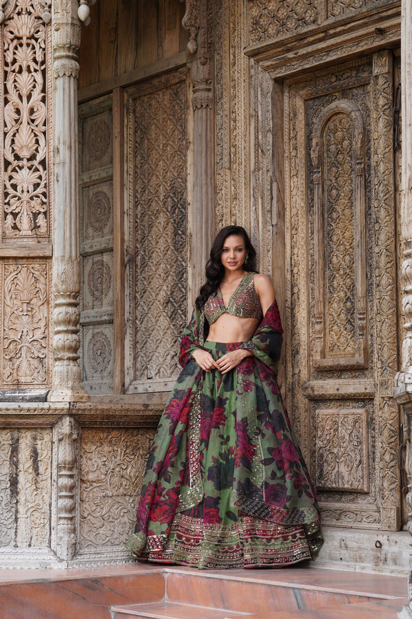 Mehendi Green Floral Lehenga Set