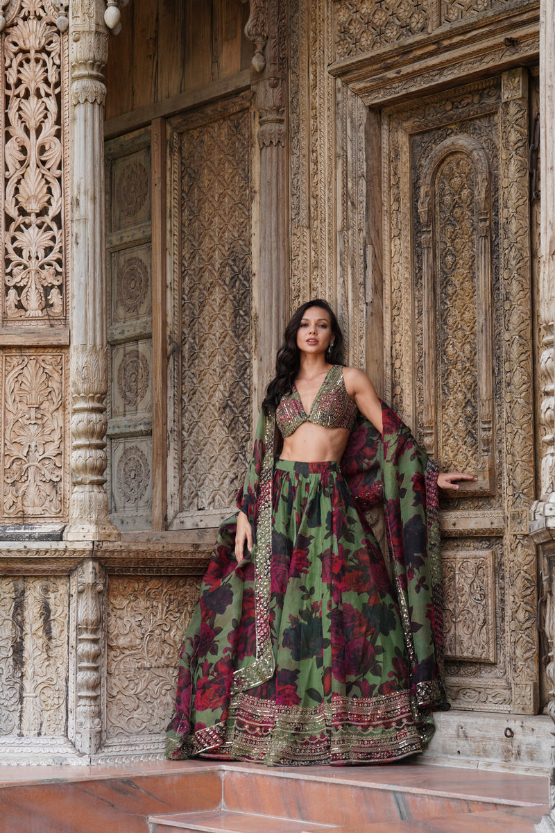 Mehendi Green Floral Lehenga Set