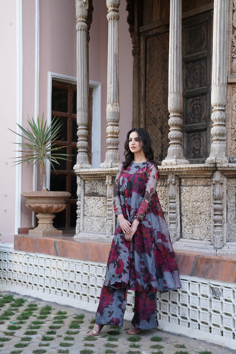 Light Grey Floral A Line Kurti Set