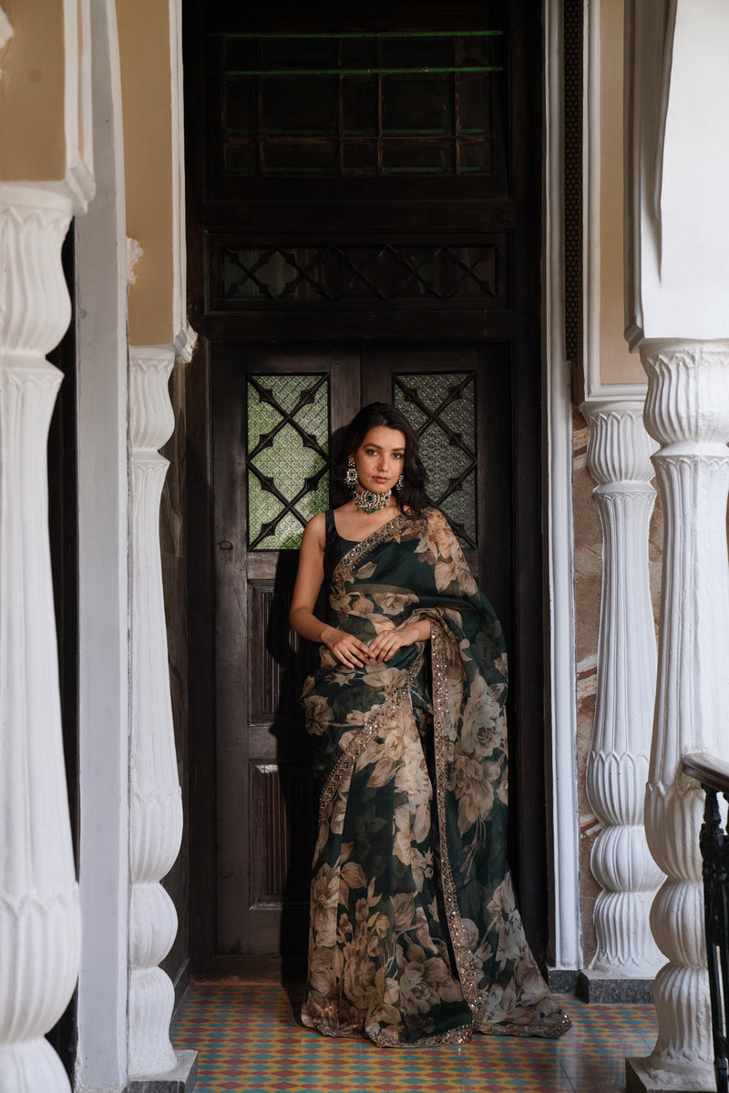 Bottle Green Floral Saree Set