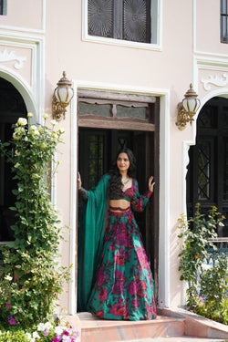 Teal Green Chiffon Floral Lehenga Set