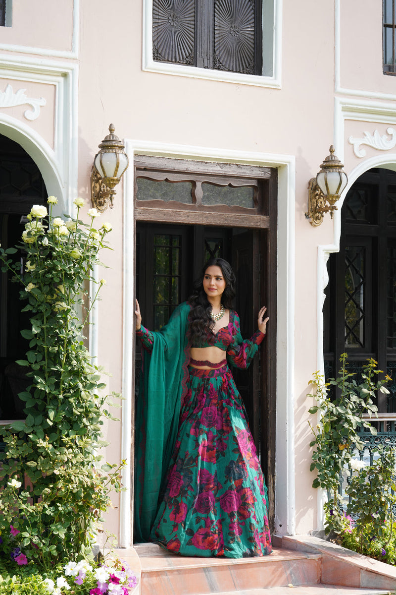 Teal Green Chiffon Floral Lehenga Set