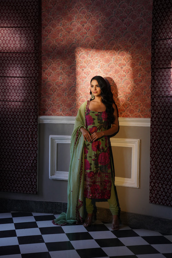 Mehendi Green Floral Kurti Set