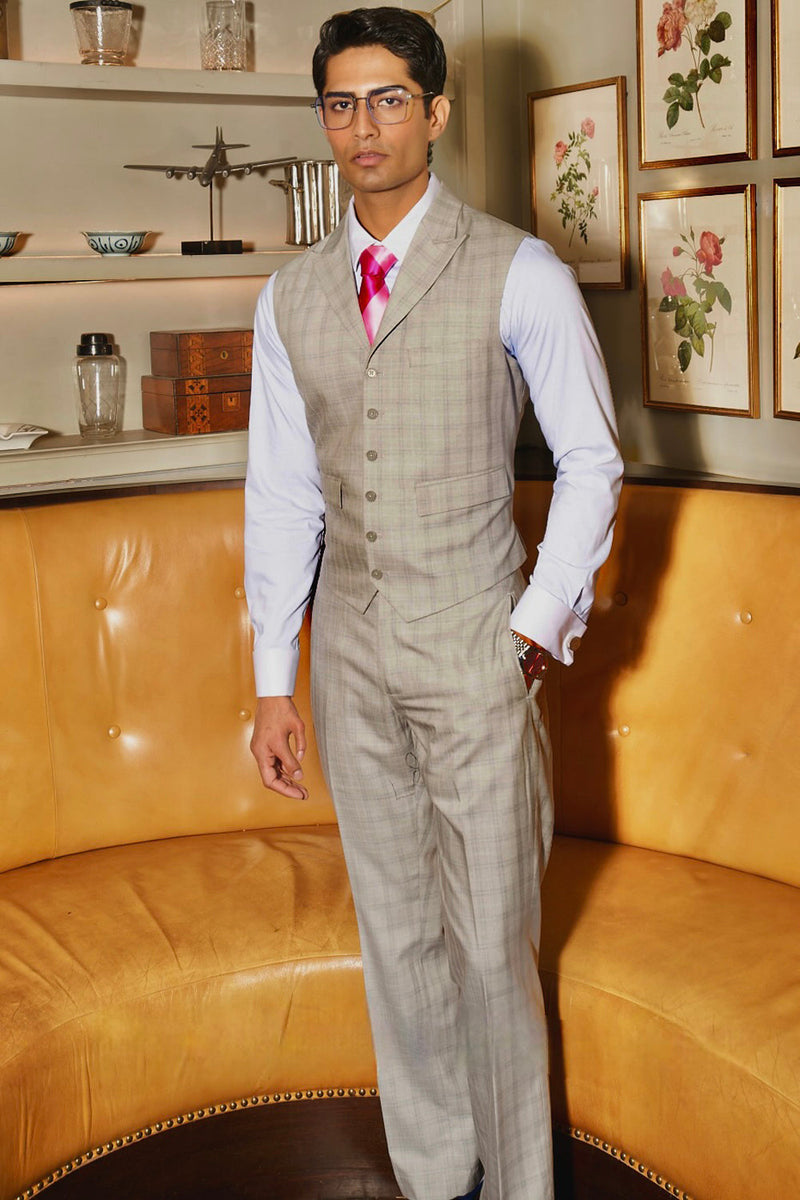 Grey Self-Checked Waistcoat Set