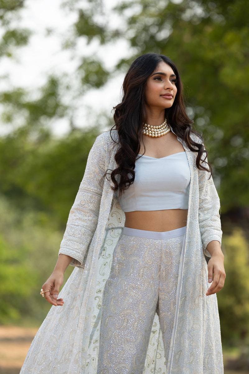 Blue Chikankari Set With Full Length Jacket,Crop Top And Pants