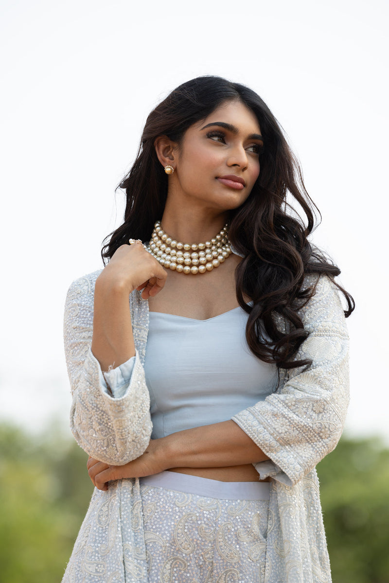 Blue Chikankari Set With Full Length Jacket,Crop Top And Pants