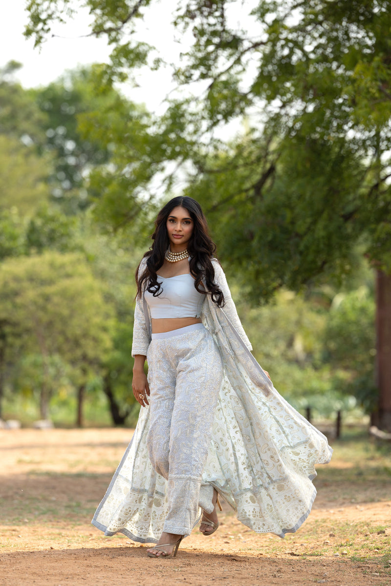 Blue Chikankari Set With Full Length Jacket,Crop Top And Pants