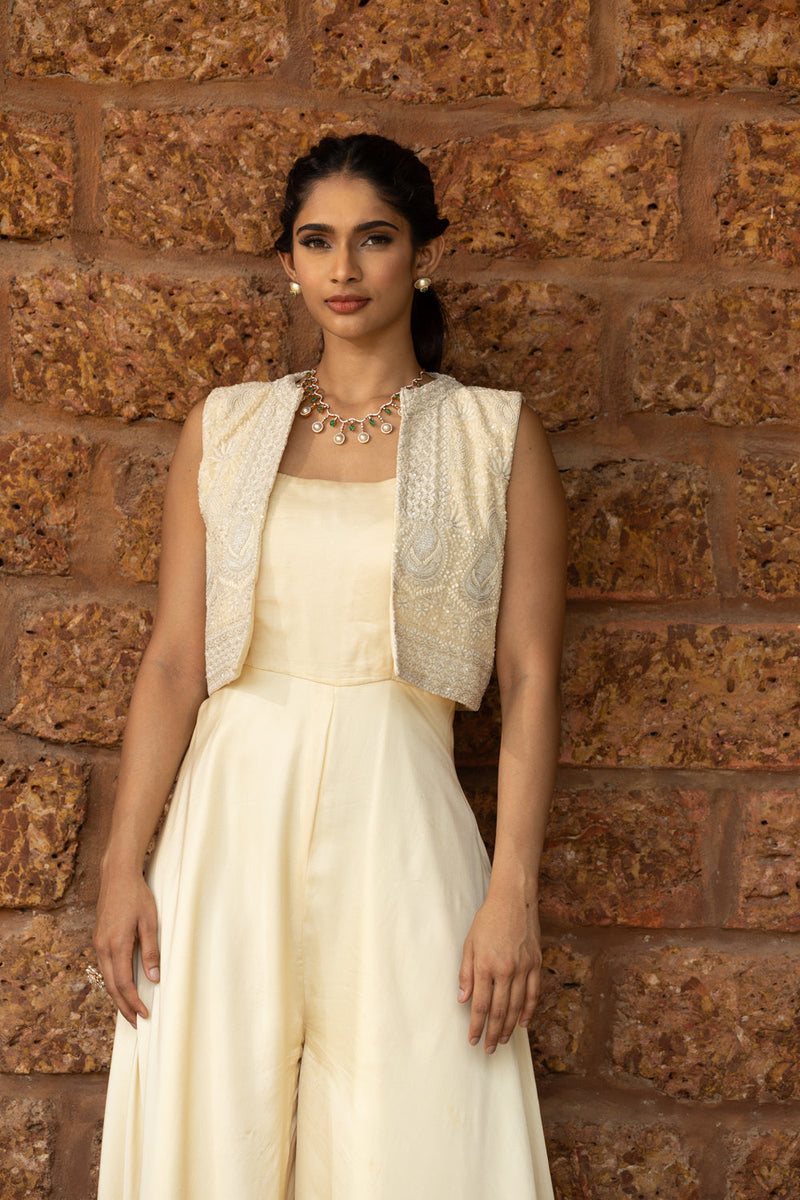 Chikankari Short Jacket With Georgette Satin Jumpsuit
