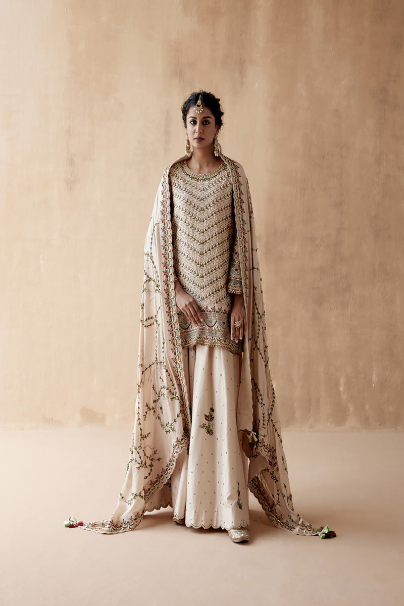 Ivory Kurta With Sharara And Heavily Embroidered Dupatta