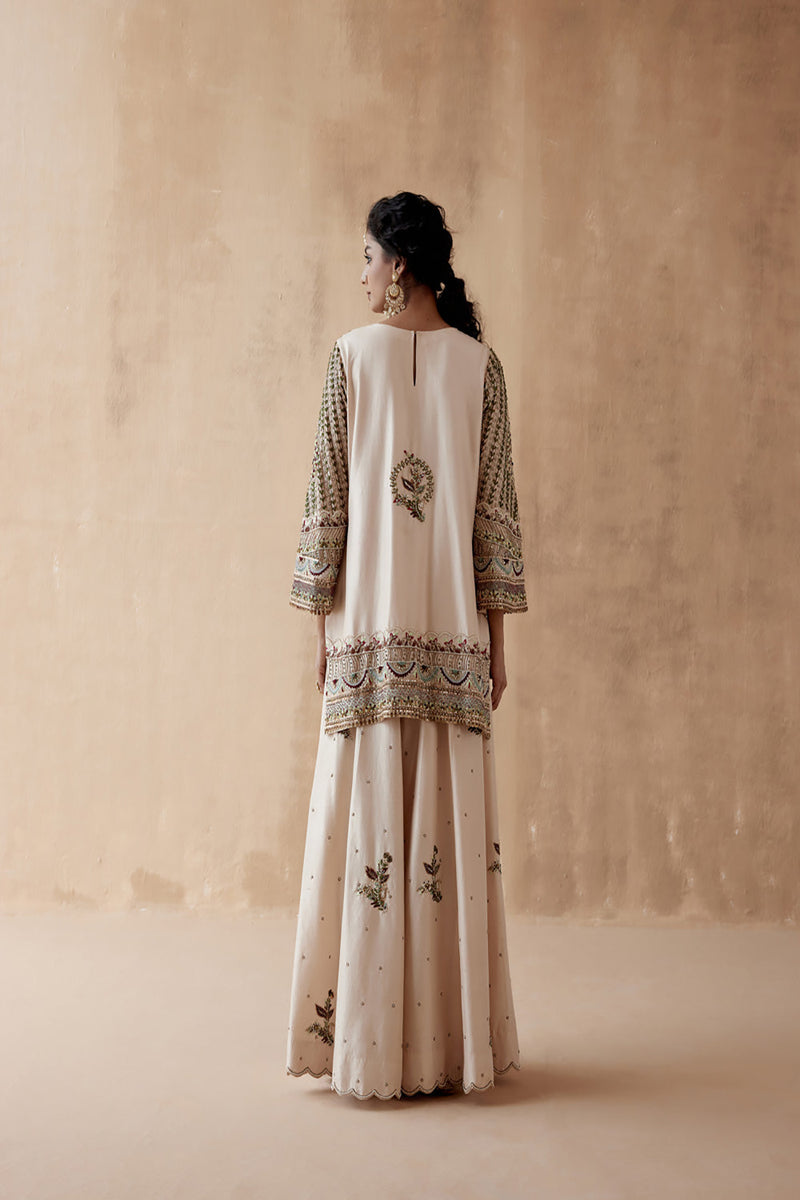 Ivory Kurta With Sharara And Heavily Embroidered Dupatta