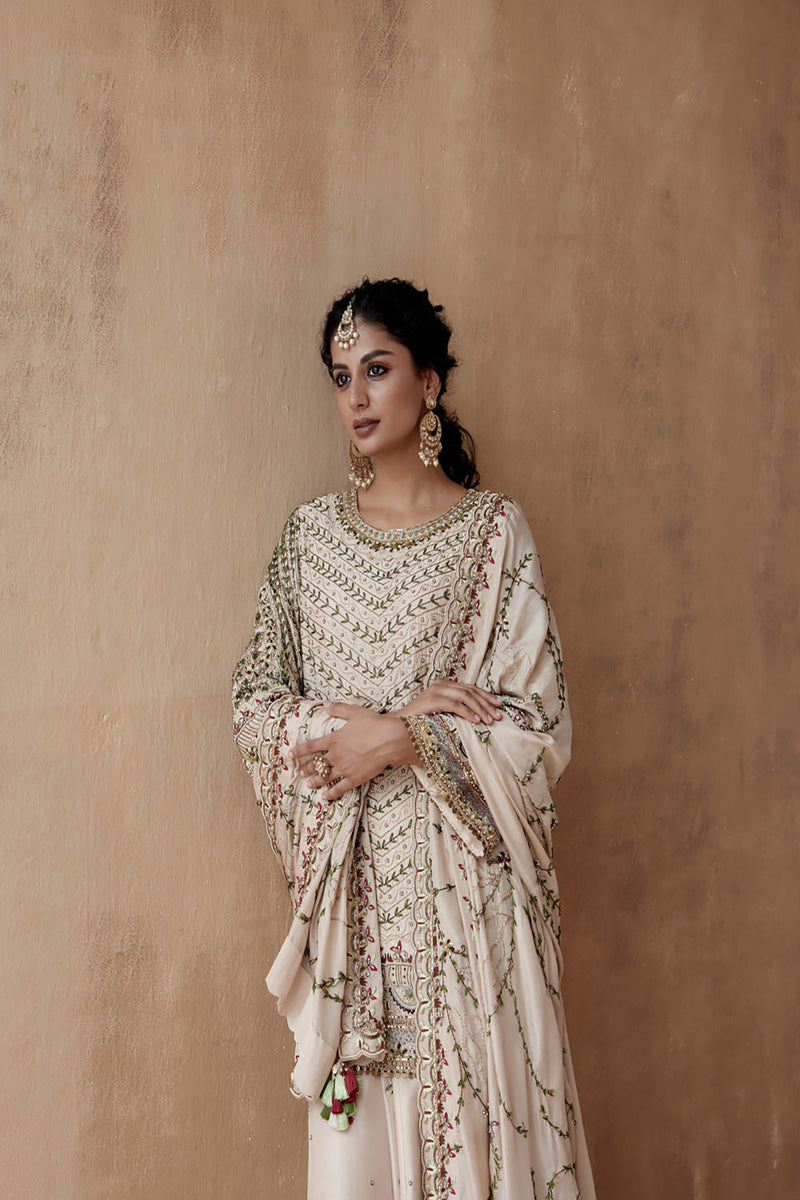 Ivory Kurta With Sharara And Heavily Embroidered Dupatta