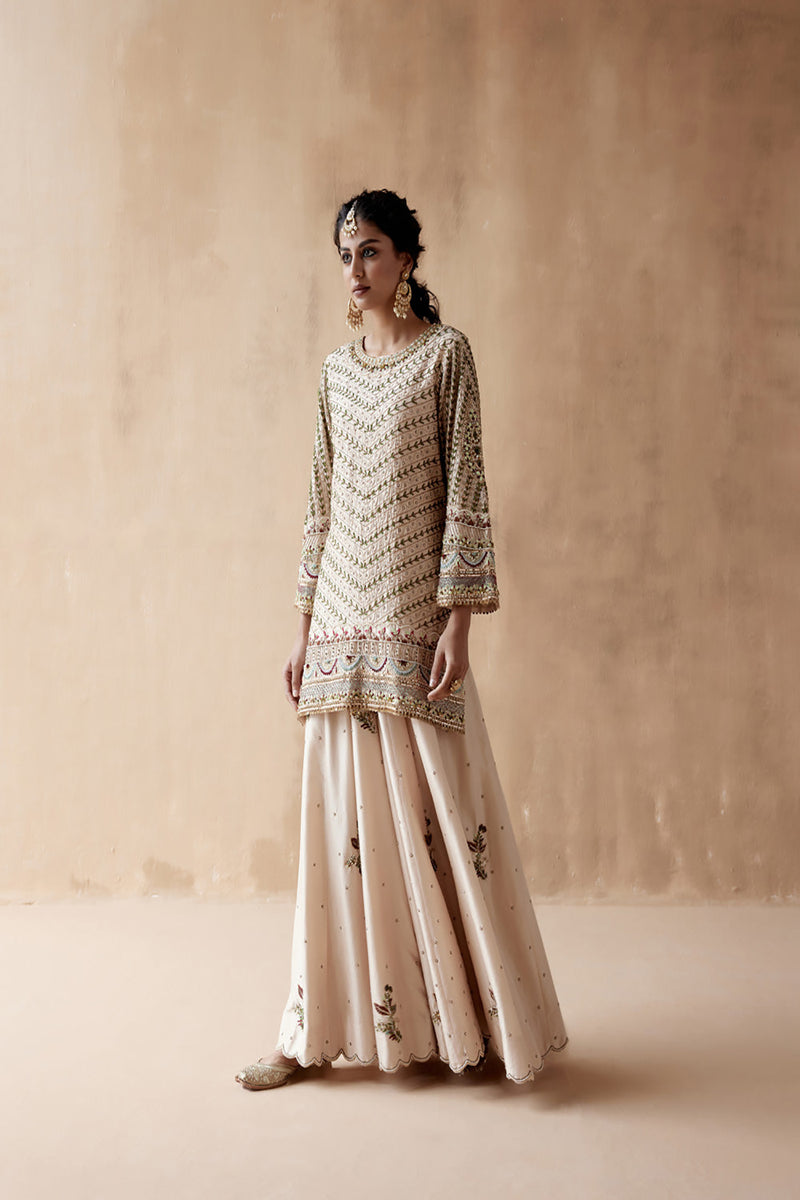 Ivory Kurta With Sharara And Heavily Embroidered Dupatta