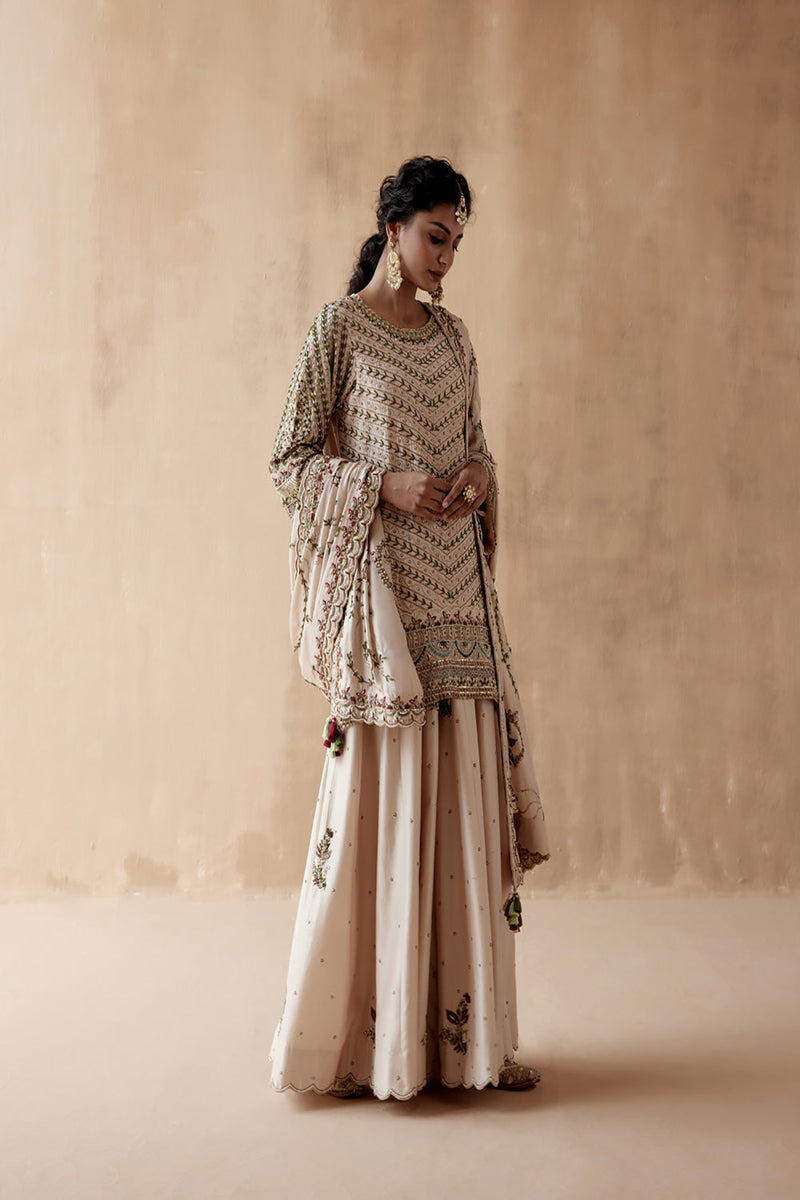 Ivory Kurta With Sharara And Heavily Embroidered Dupatta