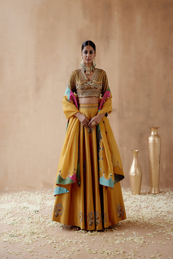 Mustard Dupion Silk Lehenga Set