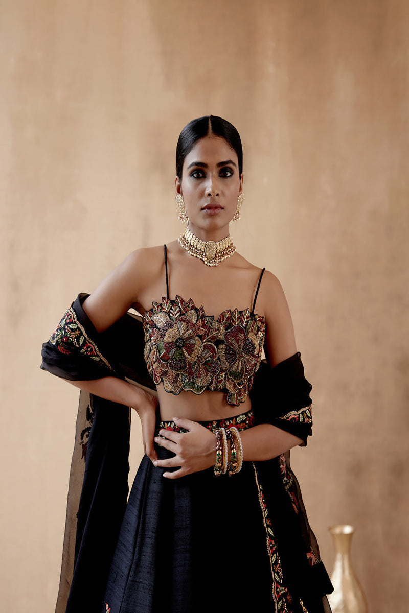 Black Raw Silk Lehenga Set