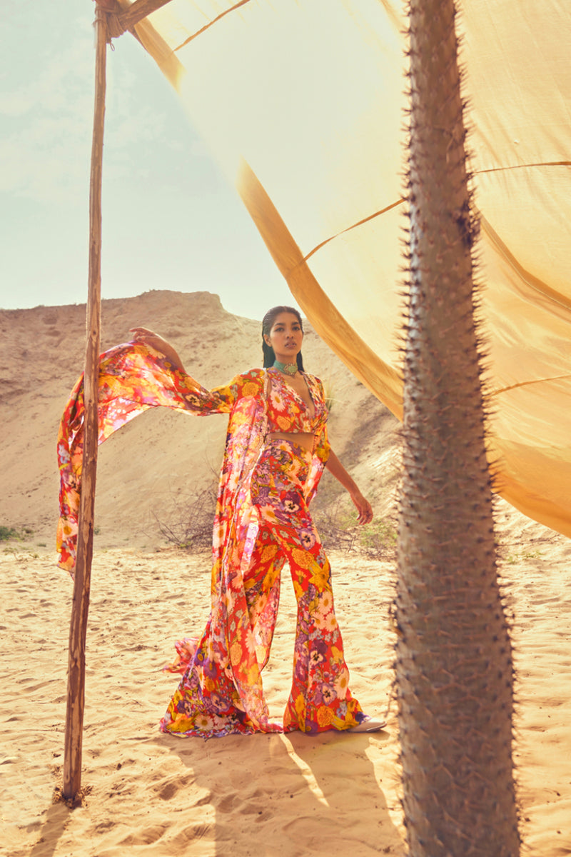 Red Spring Bloom Printed Cut Work Jacket With Embellished Shoulder, Printed Bustier & Pants